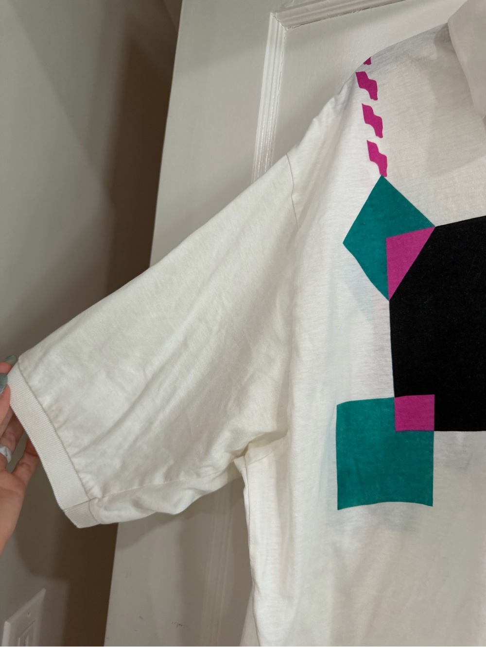 Van Heusen White Polo with Teal, Magenta & Black Geometric Print - Picture 3 of 8